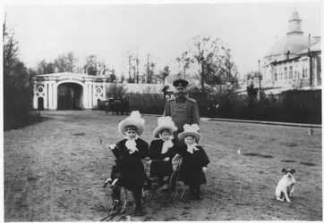 Carl Michael, Duke of Mecklenburg-Strelitz with his 3 nieces, Katya, Menka and Tasha, at Oranienbaum Palace near St. Petersburg, c.1898